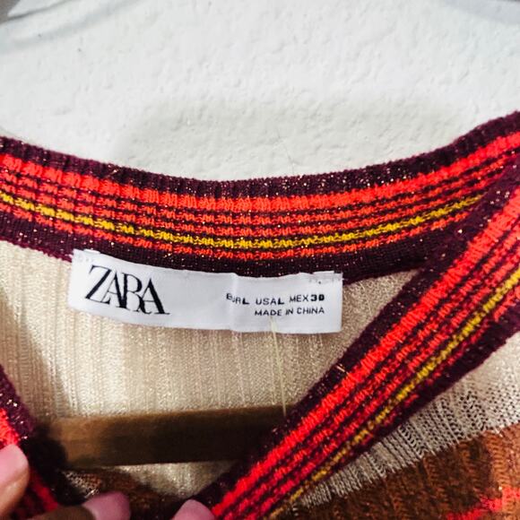 Zara Ribbed Knit Shimmer Sweater Dress Metallic Bell Sleeves Long Burgundy Large - Picture 7 of 12